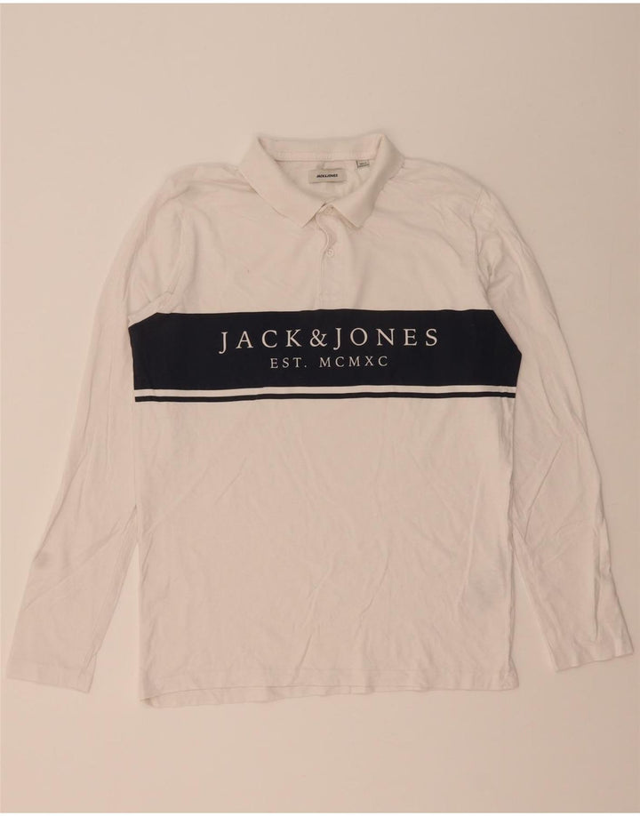 JACK & JONES Mens Graphic Long Sleeve Polo Shirt Medium White Colourblock