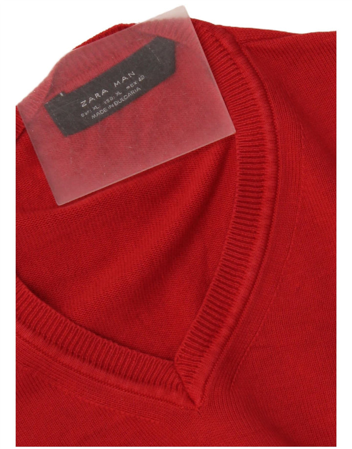 Zara Mens V-Neck Jumper Sweater XL Red