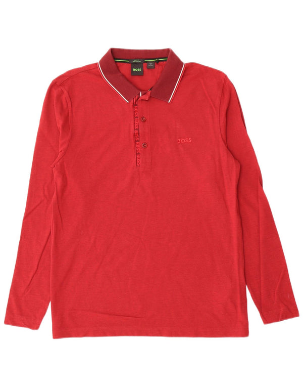 Hugo Boss Mens Long Sleeve Slim Fit Polo Shirt Large Red Cotton
