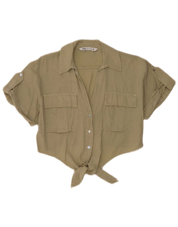 Zara Womens Crop Front Tie Oversized Shirt Blouse UK 6 XS Khaki