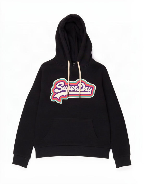 Superdry Womens Graphic Hoodie Jumper UK 12 Medium Navy Blue Cotton
