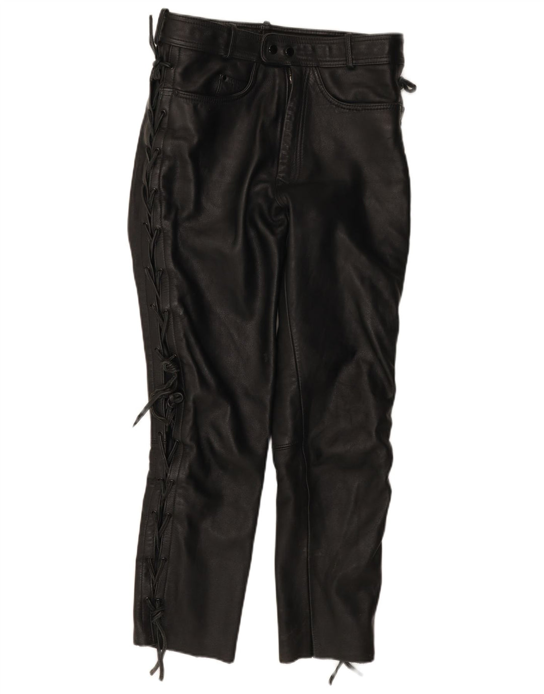 Vintage Womens Straight Leather Trousers IT 52 2XL W30 L28 Black Leather