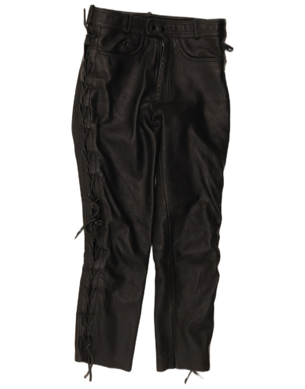 Vintage Womens Straight Leather Trousers IT 52 2XL W30 L28 Black Leather