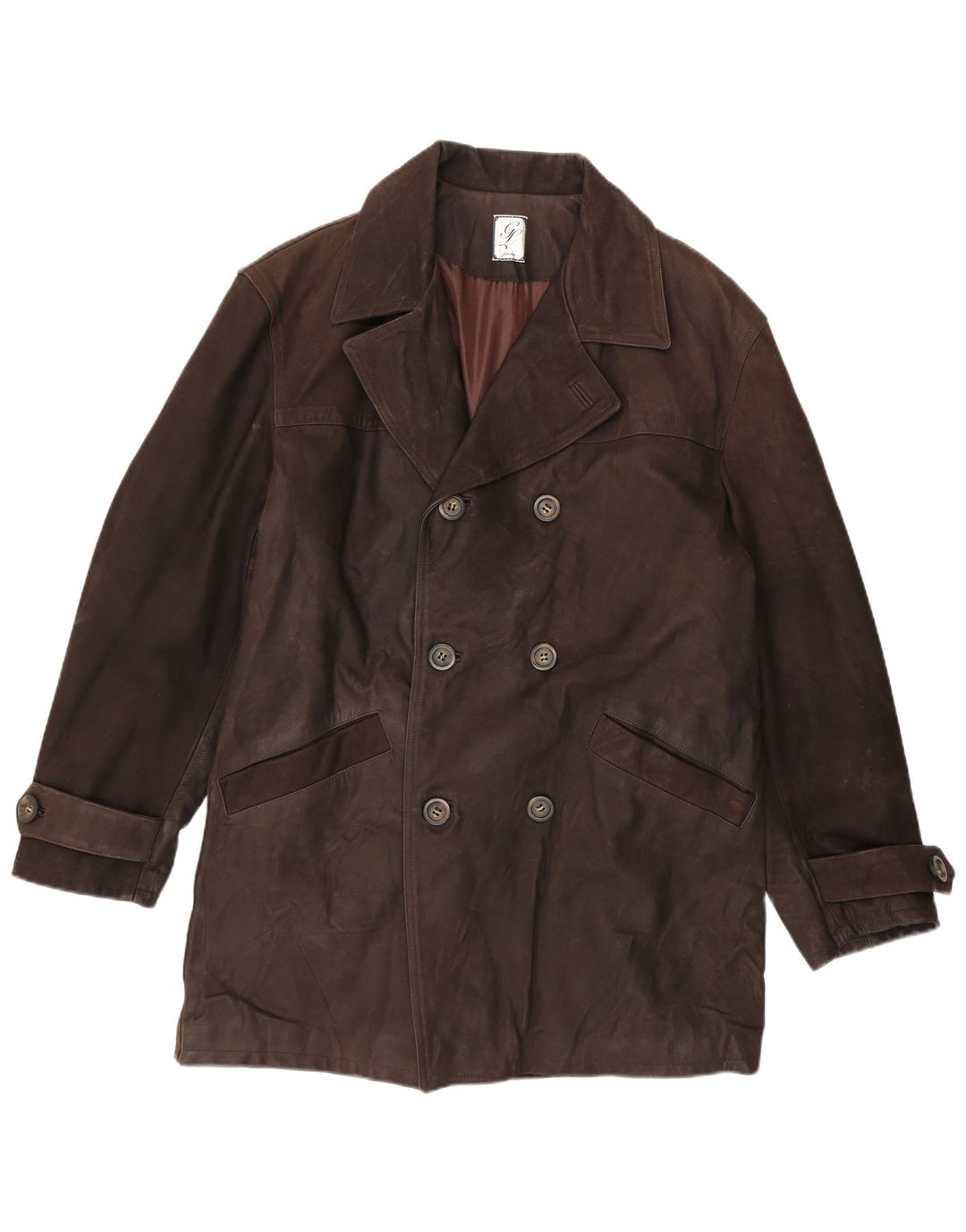 Vintage Mens Double Breasted Leather Coat IT 54 2XL Brown Leather