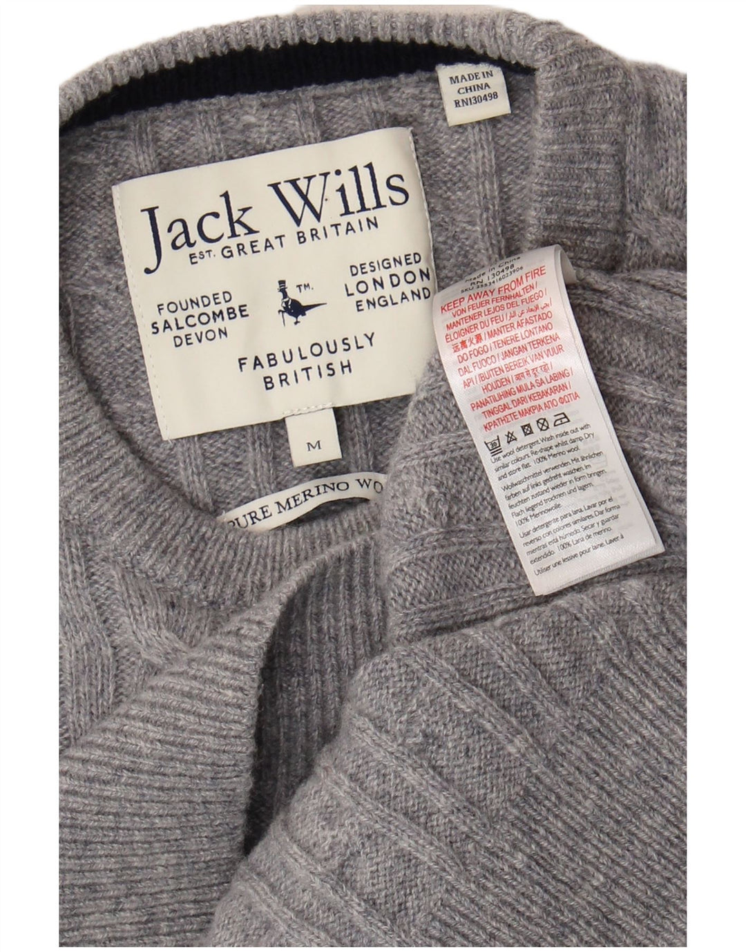 Jack Wills Mens Crew Neck Jumper Sweater UK 14 Medium Grey Merino Wool