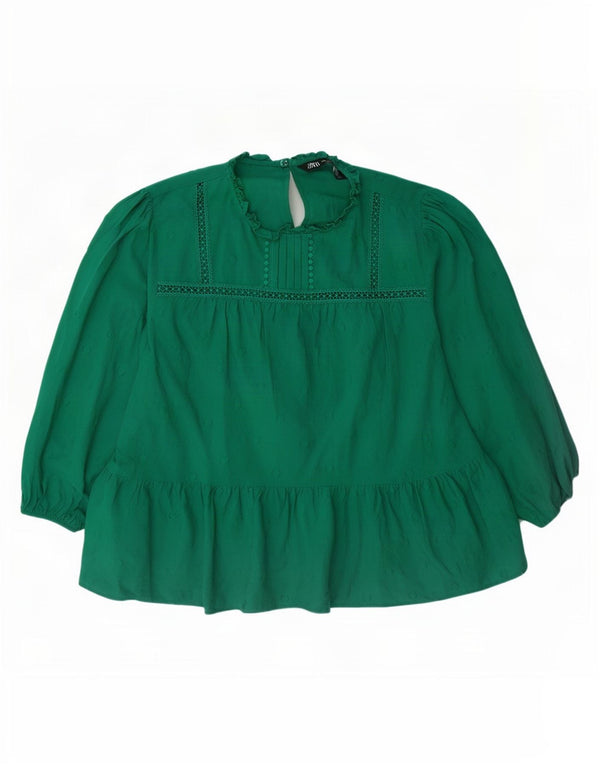 Zara Womens Long Sleeve Blouse Top UK 18 XL Green Spotted Cotton