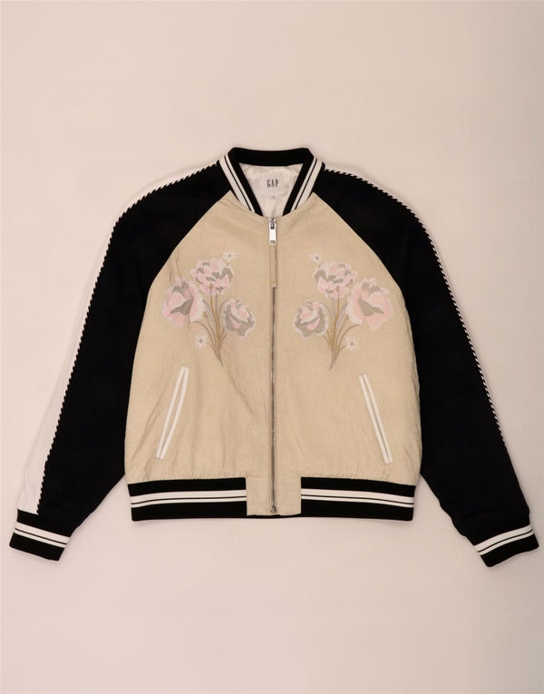 Gap Womens Graphic Oversized Bomber Jacket UK 16 Large Beige Floral Rayon