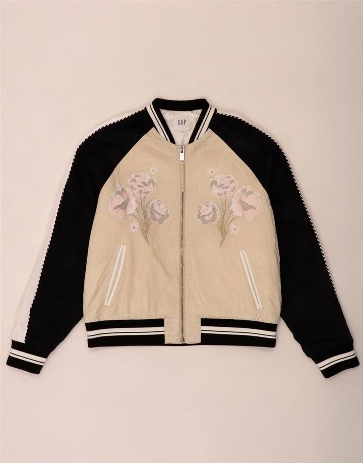 Gap Womens Graphic Oversized Bomber Jacket UK 16 Large Beige Floral Rayon