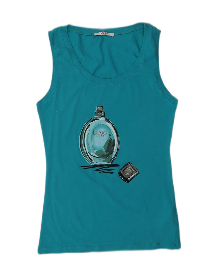 LIU JO Womens Graphic Vest Top UK 10 Small Blue Cotton Vintage Liu Jo and Second-Hand Liu Jo from Messina Hembry 