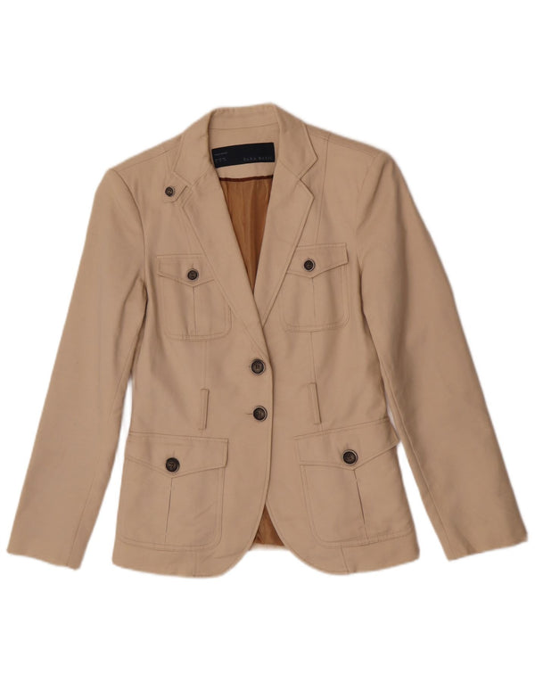 Zara Womens 2 Button Blazer Jacket UK 14 Medium Beige Cotton