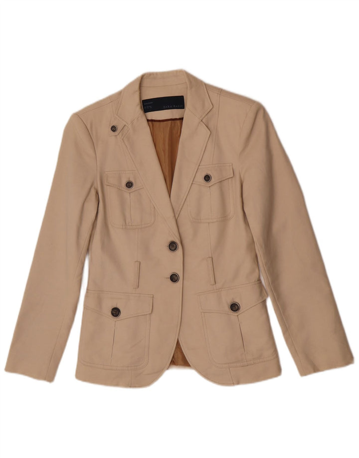 Zara Womens 2 Button Blazer Jacket UK 14 Medium Beige Cotton