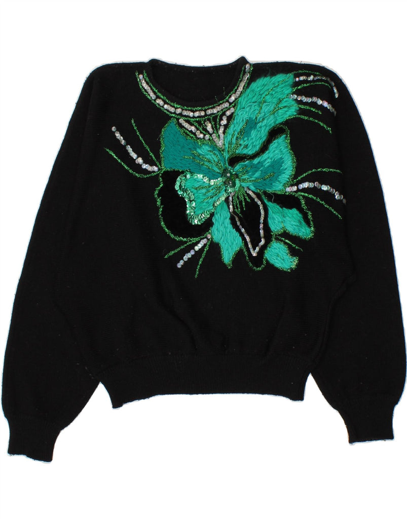VINTAGE Womens Crew Neck Jumper Sweater UK 12 Medium Black Floral | Vintage Vintage | Thrift | Second-Hand Vintage | Used Clothing | Messina Hembry 