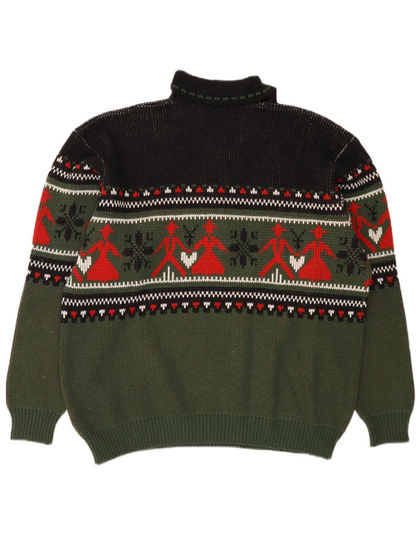 Vintage Mens Polo Neck Jumper Sweater Medium Khaki Fair Isle Acrylic