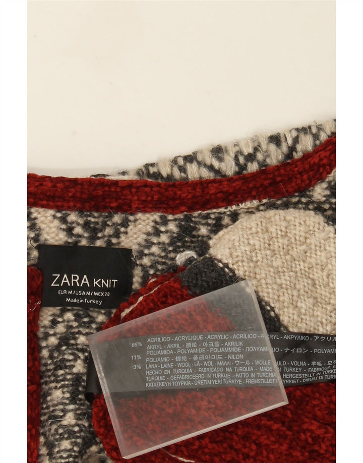 Zara Womens Longline Open Cardigan Sweater UK 14 Medium Beige Geometric