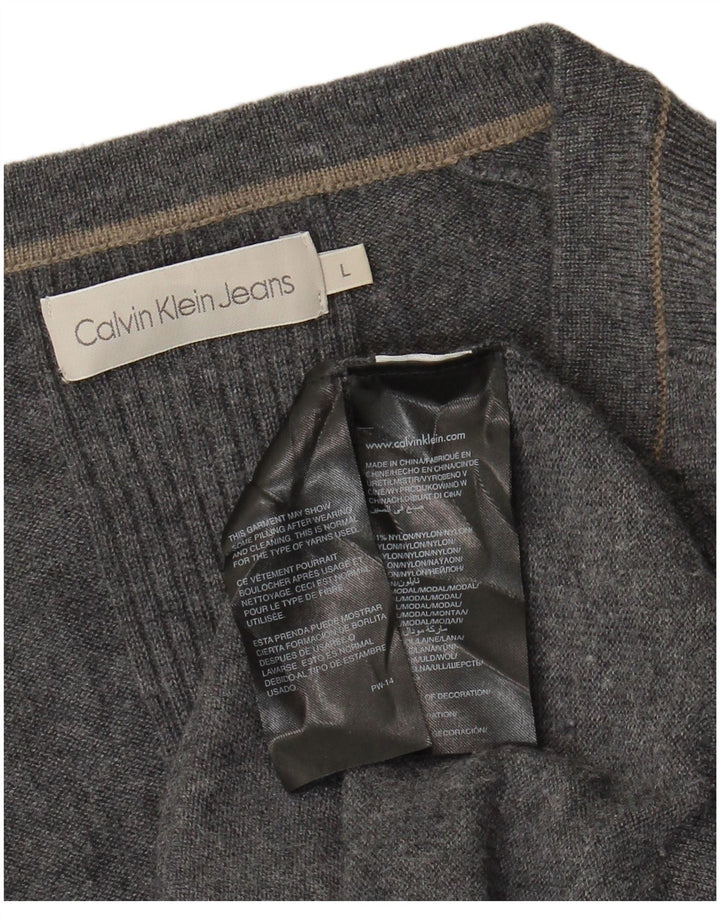 Calvin Klein Jeans Mens V-Neck Jumper Sweater Large Grey Nylon