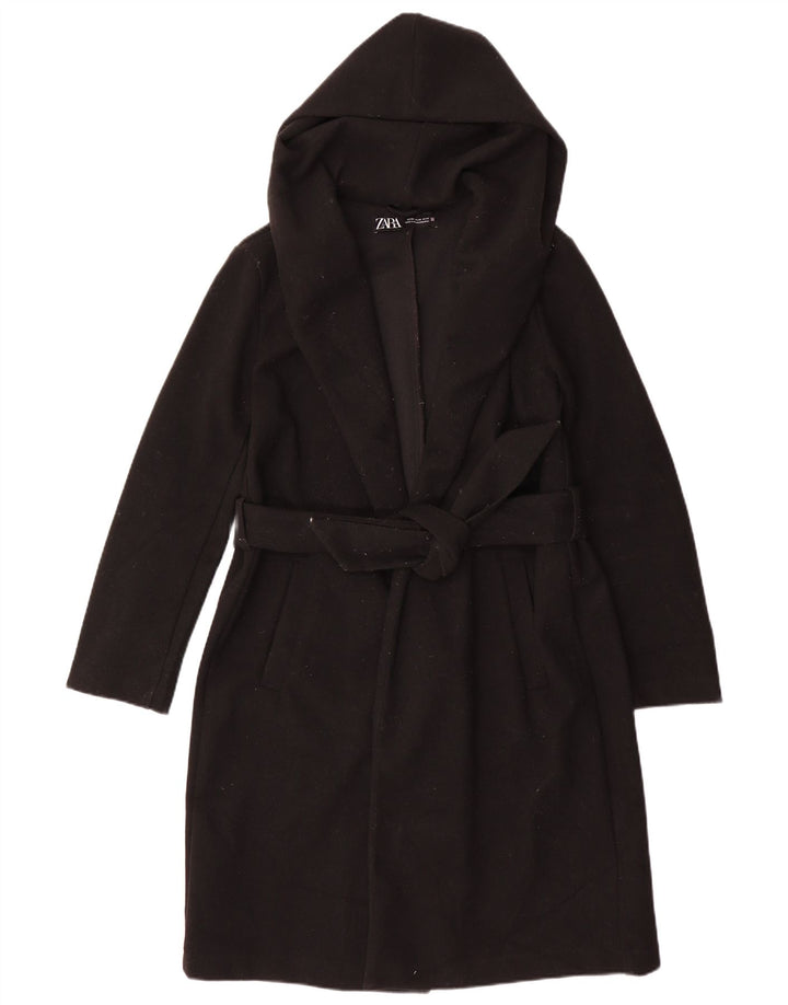 Zara Womens Hooded Oversized Overcoat UK 6 XS Black Polyester