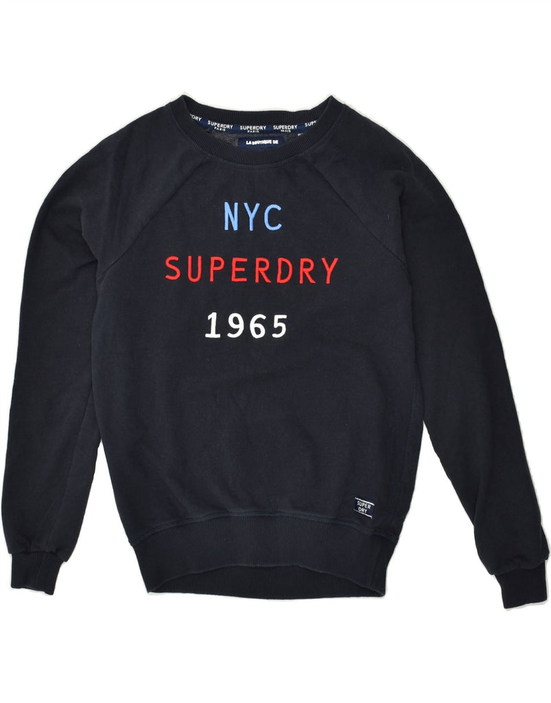 SUPERDRY Womens Graphic Sweatshirt Jumper UK 10 Small Navy Blue Cotton | Vintage Superdry | Thrift | Second-Hand Superdry | Used Clothing | Messina Hembry 