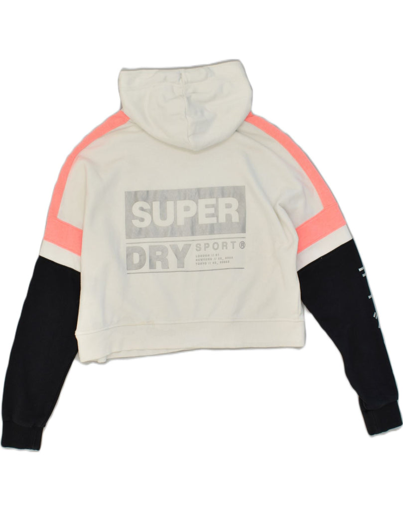 SUPERDRY Womens Crop Graphic Hoodie Jumper UK 8 Small White Cotton | Vintage Superdry | Thrift | Second-Hand Superdry | Used Clothing | Messina Hembry 