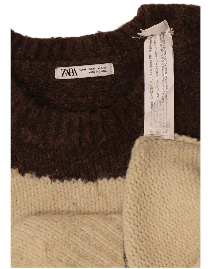 Zara Mens Crew Neck Jumper Sweater Medium Brown Colourblock Polyester