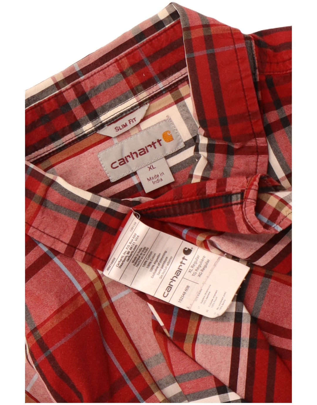 Carhartt Mens Short Sleeve Slim Fit Shirt XL Red Check Cotton