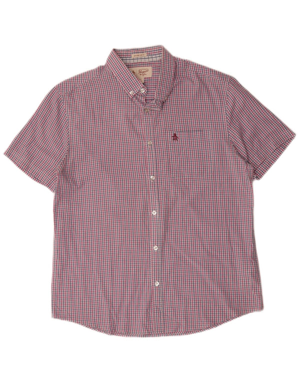 Penguin Mens Heritage Short Sleeve Slim Fit Shirt Large Pink Gingham Cotton