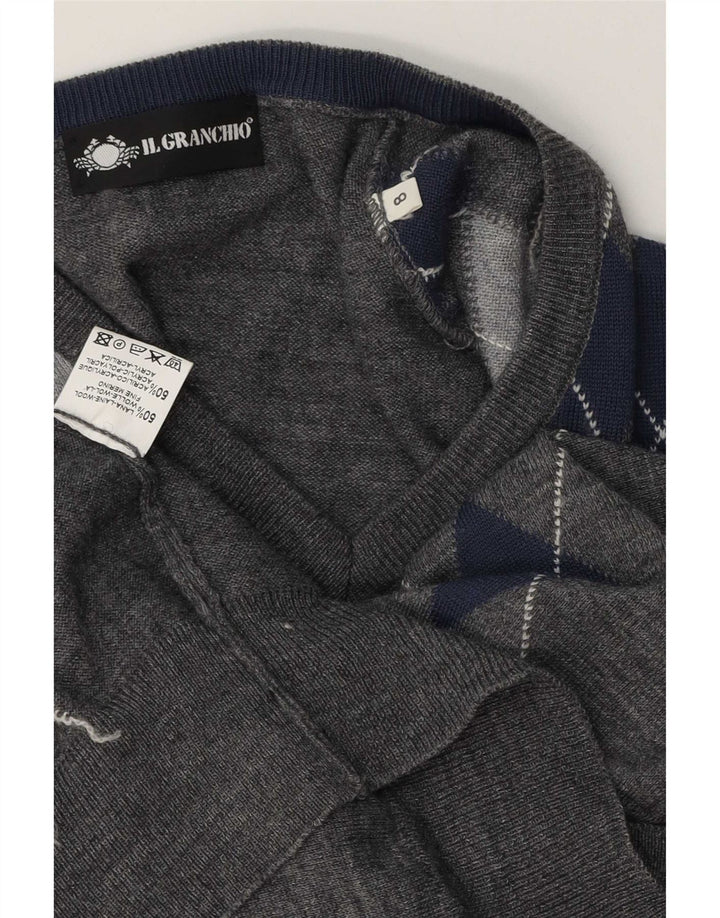 Il Granchio Mens V-Neck Jumper Sweater Large Grey Argyle/Diamond Wool