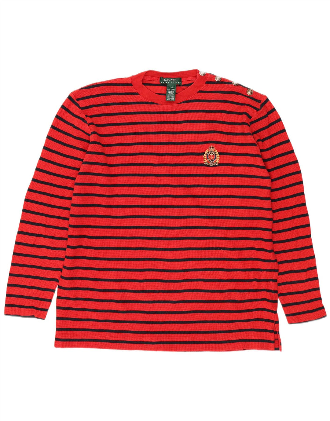 RALPH LAUREN Womens Top Long Sleeve UK 14 Medium Red Striped Cotton