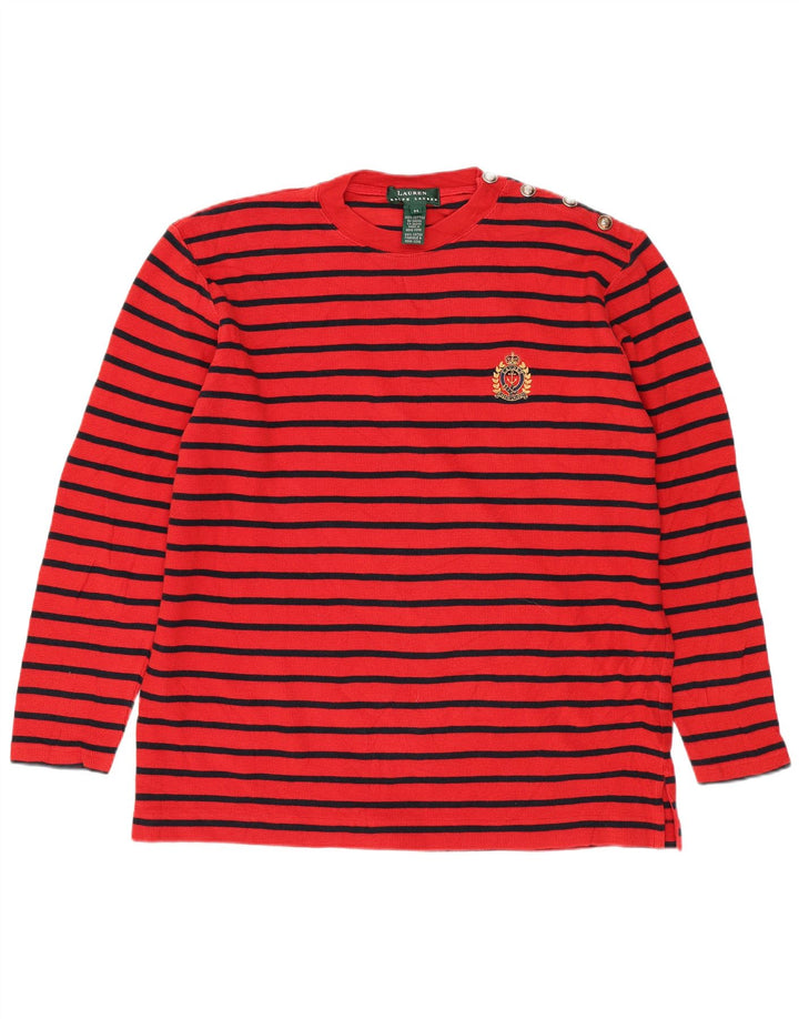 RALPH LAUREN Womens Top Long Sleeve UK 14 Medium Red Striped Cotton