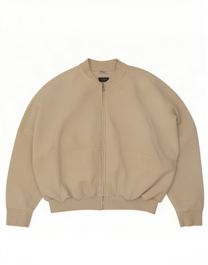 Zara Womens Oversized Tracksuit Top Jacket UK 10 Small Beige Cotton