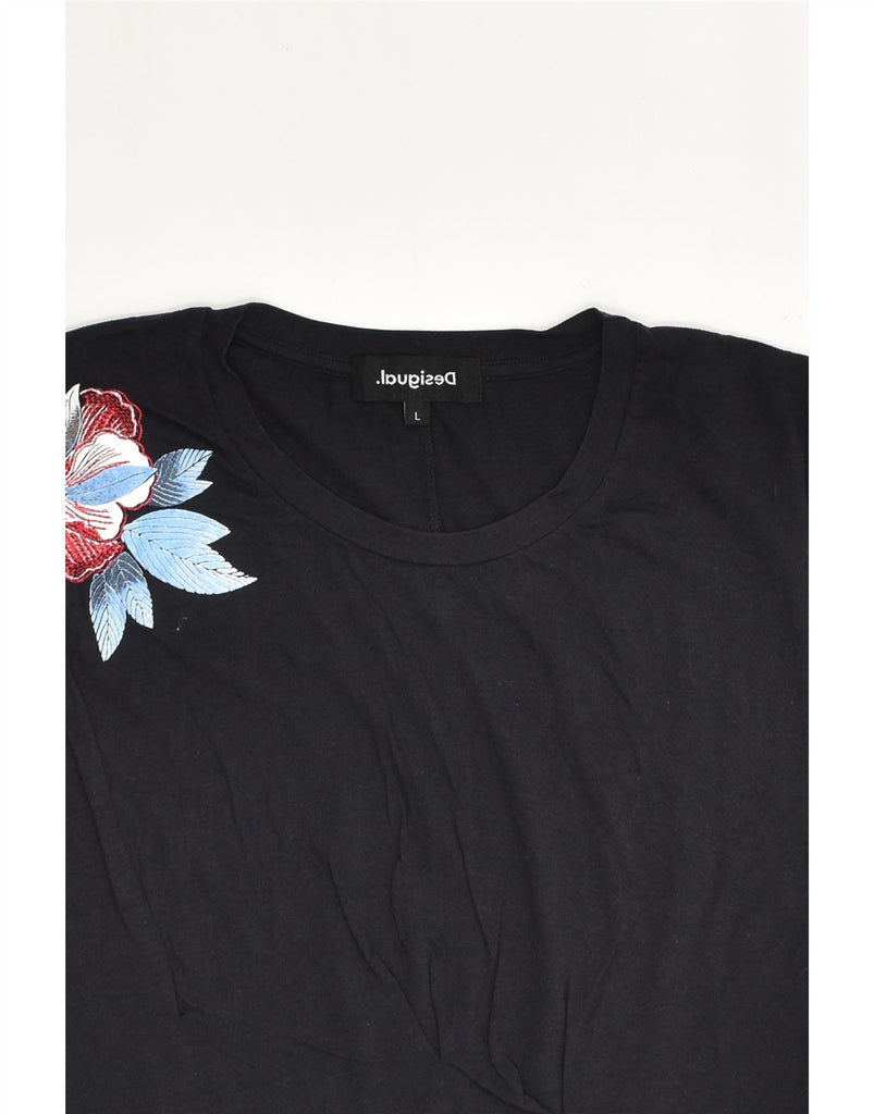 DESIGUAL Womens T-Shirt Top UK 14 Large Navy Blue Floral Lyocell | Vintage Desigual | Thrift | Second-Hand Desigual | Used Clothing | Messina Hembry 