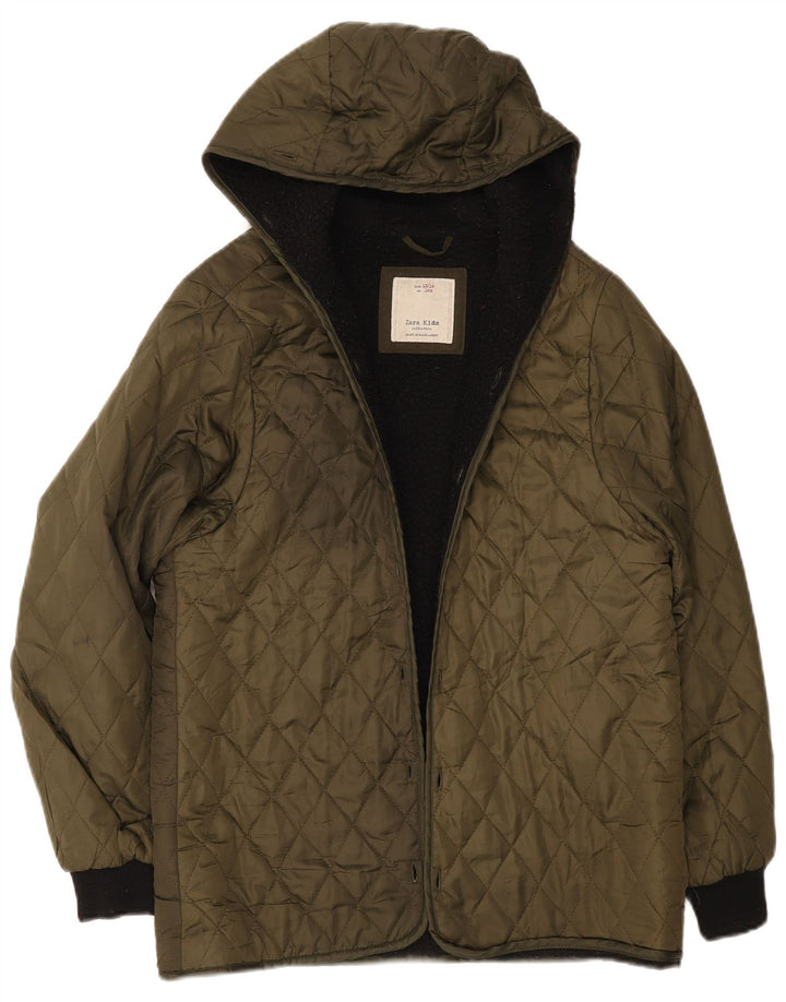 Zara Boys Hooded Liner Quilted Jacket 13-14 Years Khaki Polyester