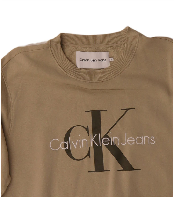 CALVIN KLEIN JEANS Mens Graphic Sweatshirt Jumper Medium Beige Cotton