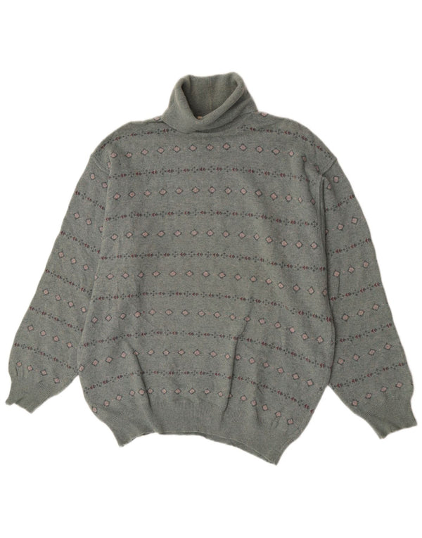 Bramante Mens Roll Neck Jumper Sweater Large Grey Geometric Virgin Wool