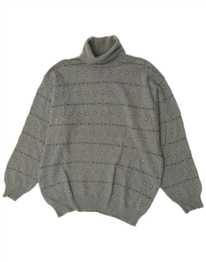 Bramante Mens Roll Neck Jumper Sweater Large Grey Geometric Virgin Wool