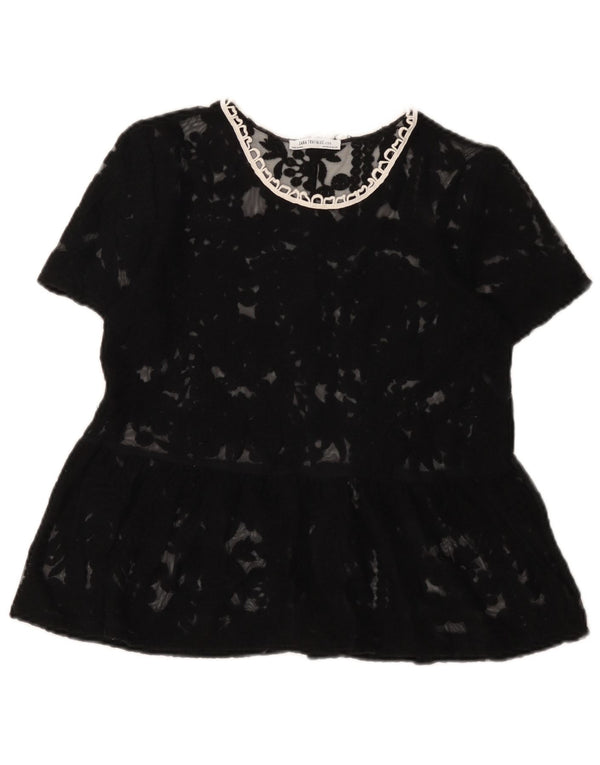 Zara Womens Trafaluc Lace Blouse Top UK 12 Medium Black Floral