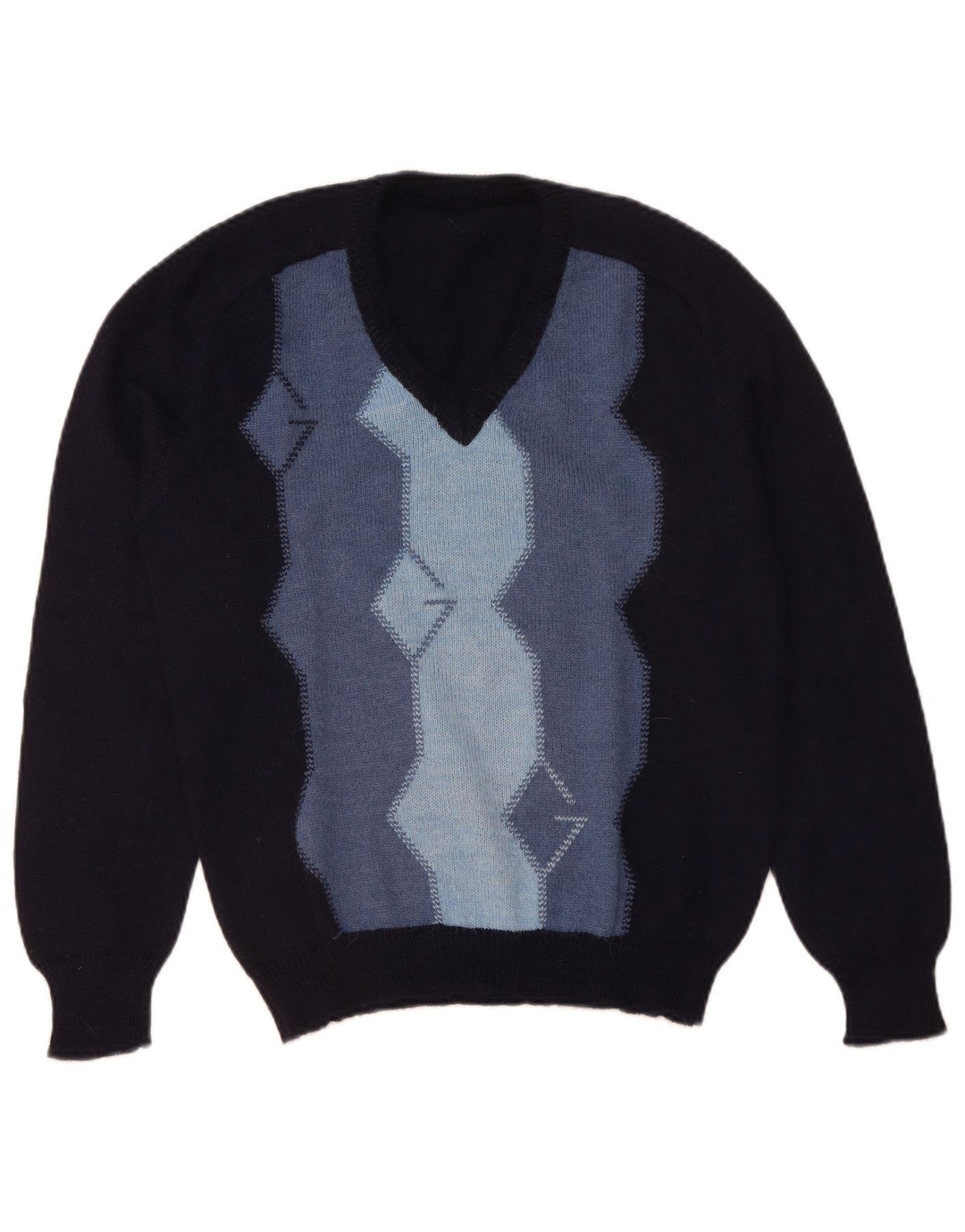 Vintage Mens V-Neck Jumper Sweater IT 50 Medium Navy Blue Colourblock