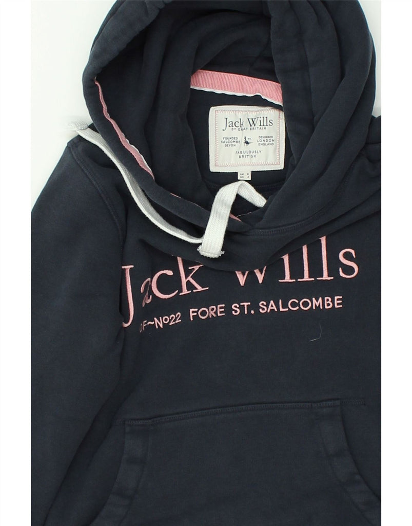 JACK WILLS Womens Graphic Hoodie Jumper UK 8 Medium Navy Blue Cotton | Vintage Jack Wills | Thrift | Second-Hand Jack Wills | Used Clothing | Messina Hembry 