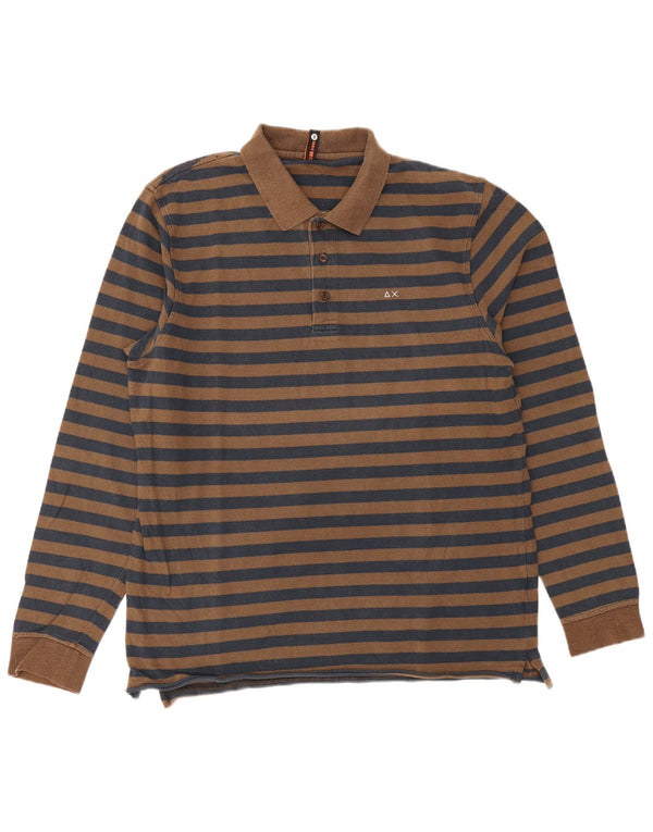 Sun68 Mens Long Sleeve Polo Shirt 2XL Brown Striped Cotton