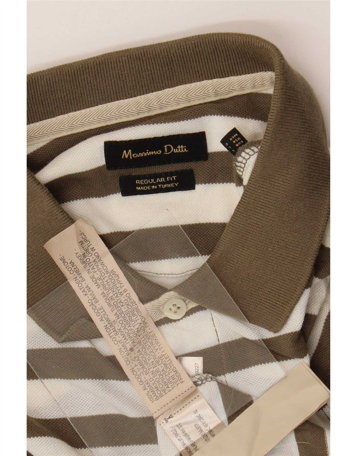 Massimo Dutti Mens Polo Shirt Large Brown Striped Cotton