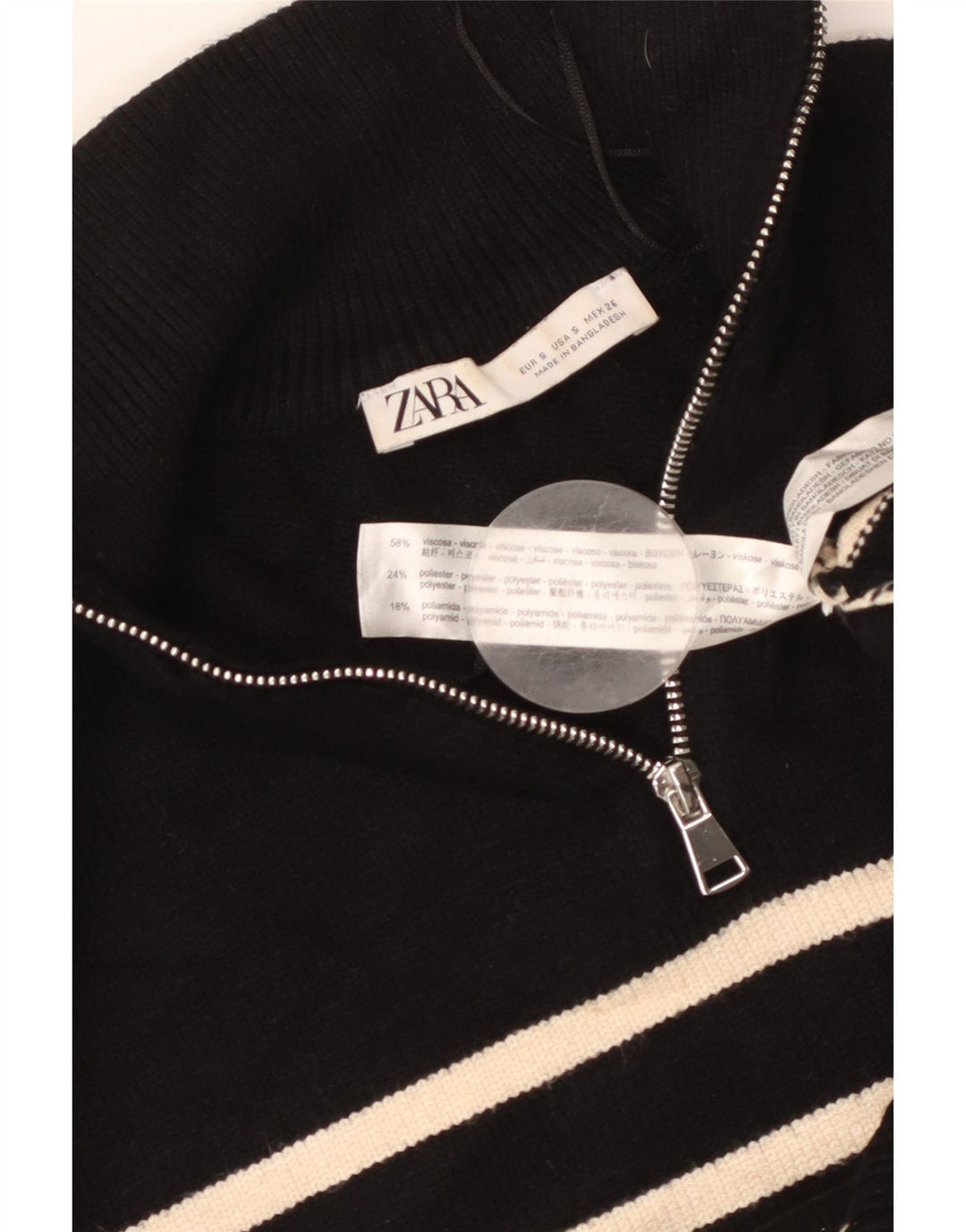 ZARA Womens Oversized Zip Neck Jumper Sweater UK 10 Small Black Striped