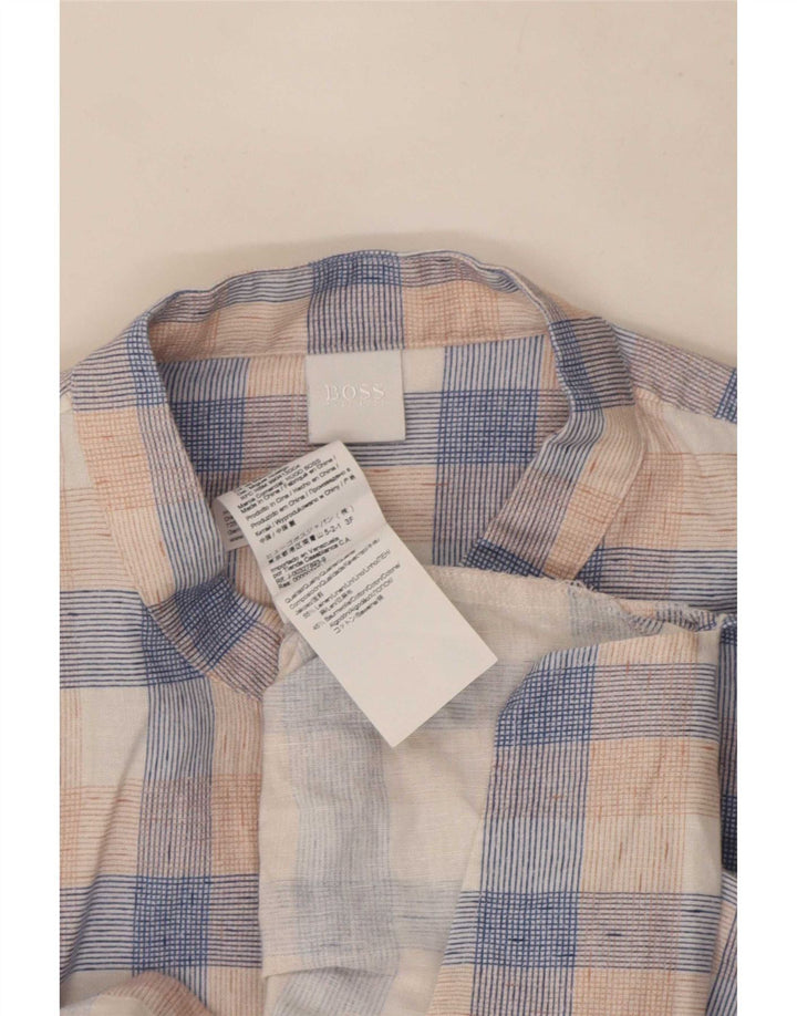 Hugo Boss Womens 3/4 Sleeve Oversized Shirt UK 8 Small Blue Check Linen