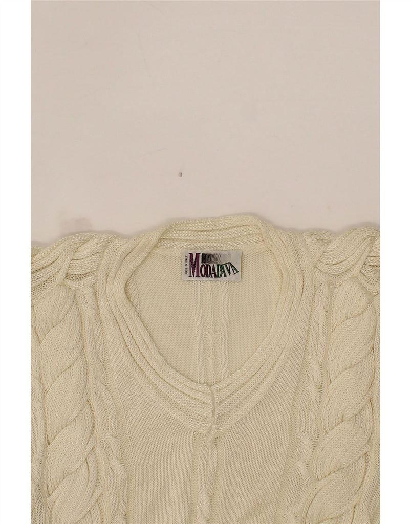 VINTAGE Womens V-Neck Jumper Sweater UK 14 Large White Cotton Vintage Vintage and Second-Hand Vintage from Messina Hembry 