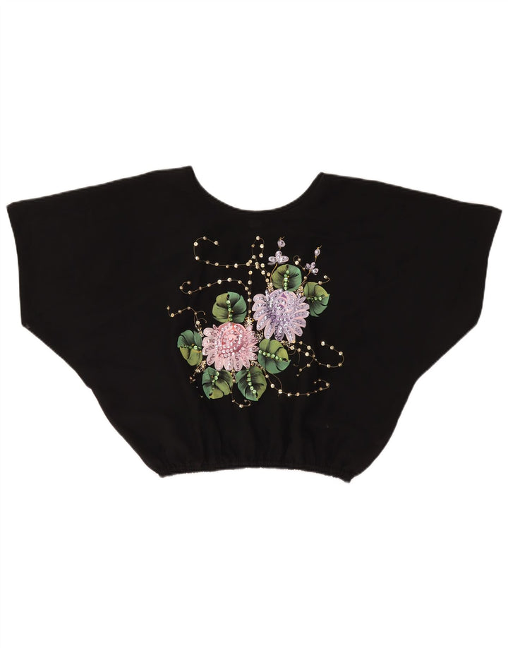 VINTAGE Womens Crop Batwing Blouse Top UK 18 XL Black Floral Polyester