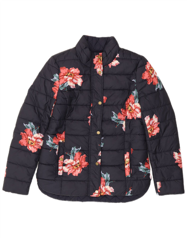 JOULES Womens Padded Jacket UK 12 Medium Navy Blue Floral Polyester