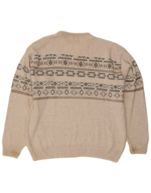 Vintage Mens Crew Neck Jumper Sweater Large Beige Geometric Cotton