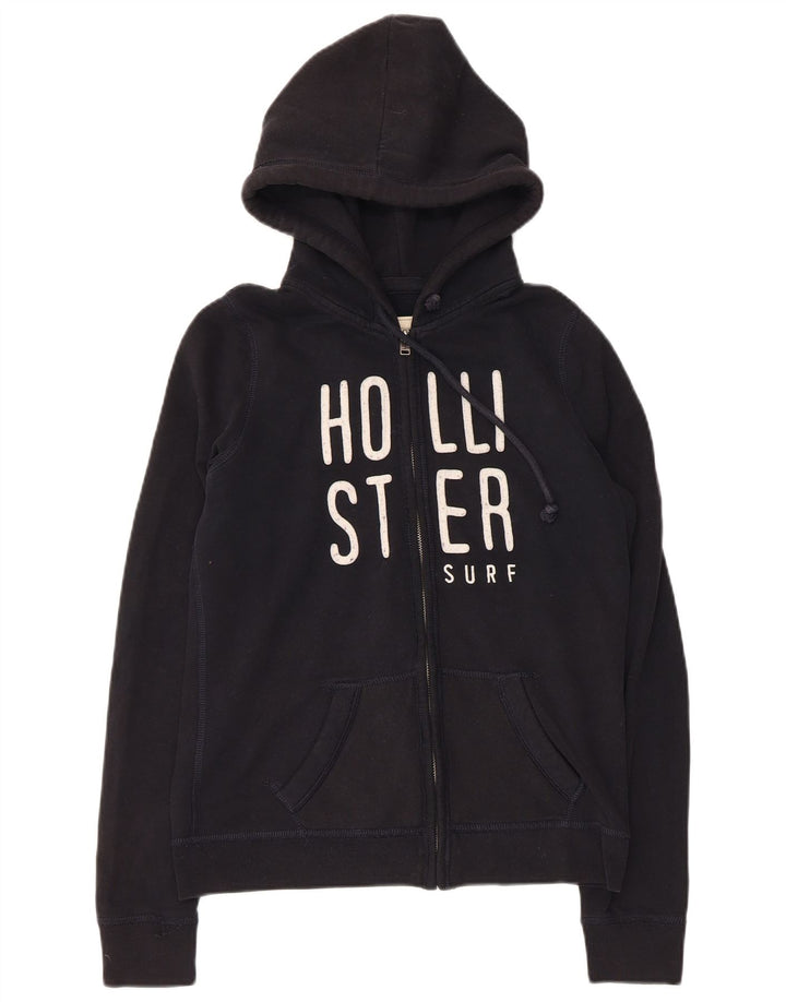 HOLLISTER Womens Graphic Zip Hoodie Sweater UK 12 Medium Black