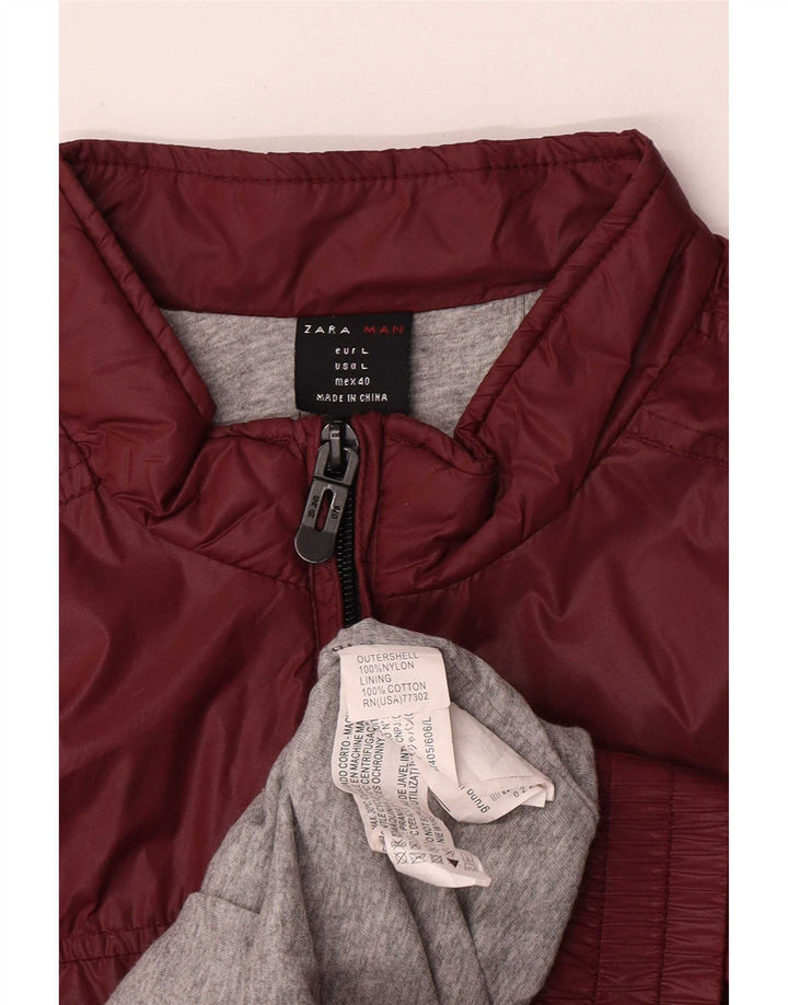 Zara Mens Bomber Jacket UK 40 Large Burgundy Nylon