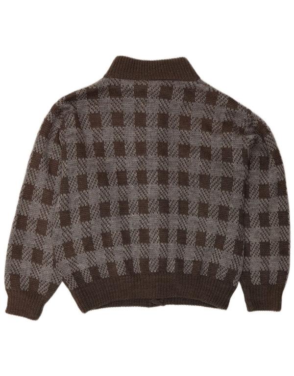 Vintage Mens Cardigan Sweater Medium Brown Check Acrylic