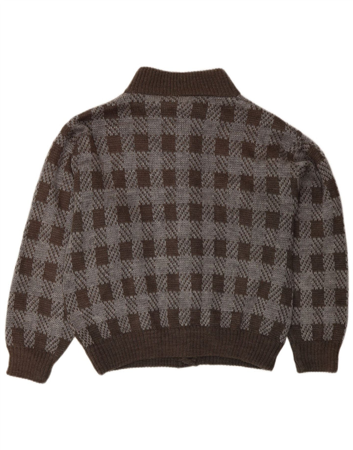 Vintage Mens Cardigan Sweater Medium Brown Check Acrylic