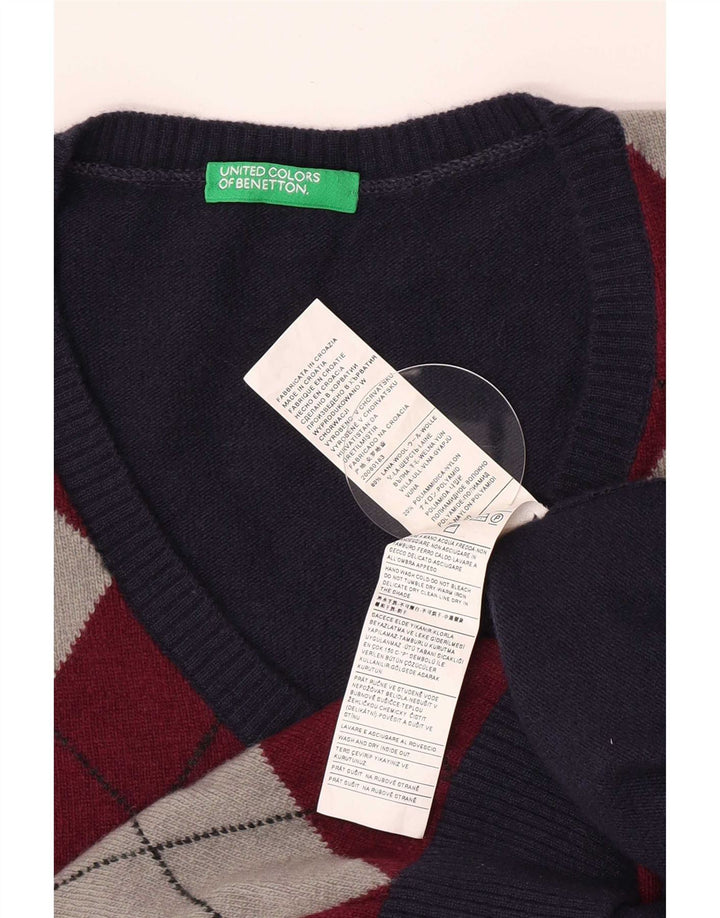 Benetton Mens V-Neck Jumper Sweater Large Navy Blue Argyle/Diamond Wool